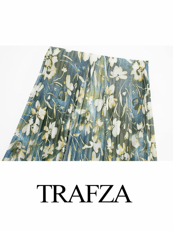 TRAFZA-faldas elegantes e informales para mujer, faldas plisadas por debajo de la rodilla con estampado Floral metálico Vintage, cintura alta, 2024