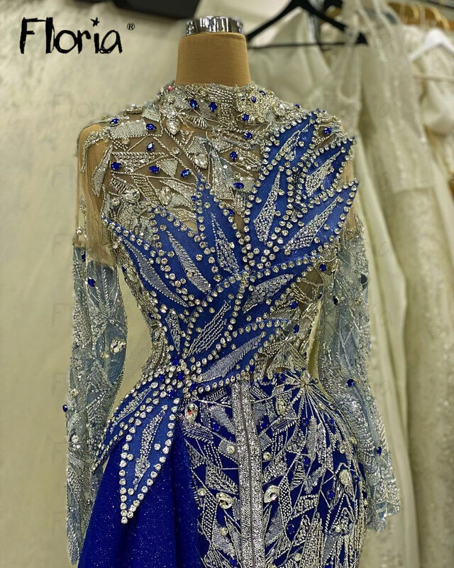 중동 무슬림 블루 이브닝 드레스, 럭셔리 2023 구슬 웨딩 파티 가운, 플러스 사이즈, 맞춤형 무도회 드레스