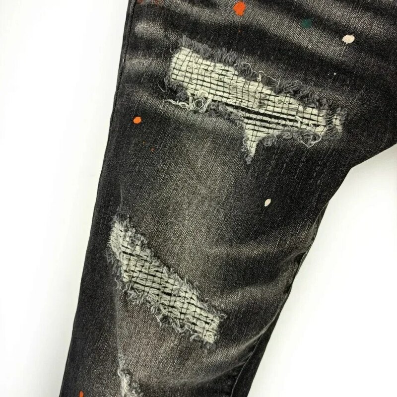 Pantalones vaqueros rotos de alta calidad, jeans lavados de hip-hop, etiqueta teñida negra, reparación de tiro bajo