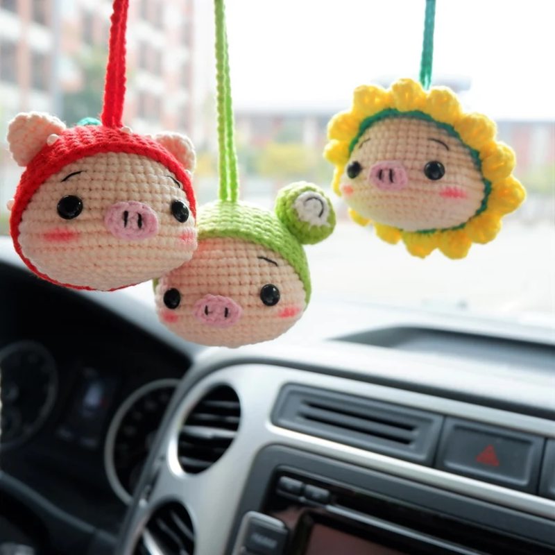 Aksesori gantung kaca spion mobil, bunga matahari Crochet lucu, katak, topi stroberi, babi, dekorasi antar mobil