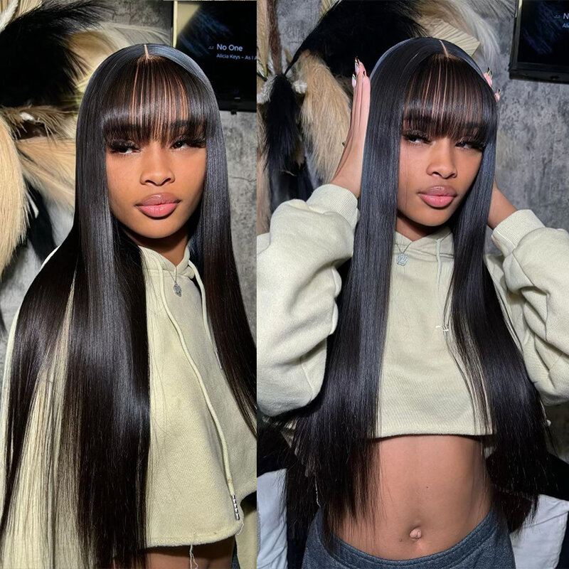 Straight 34 Inch Long Fringe Hair Wig Glueless Brazilian Human Hair Wigs For Women  Straight Cheap Full Machine Made With Bangs