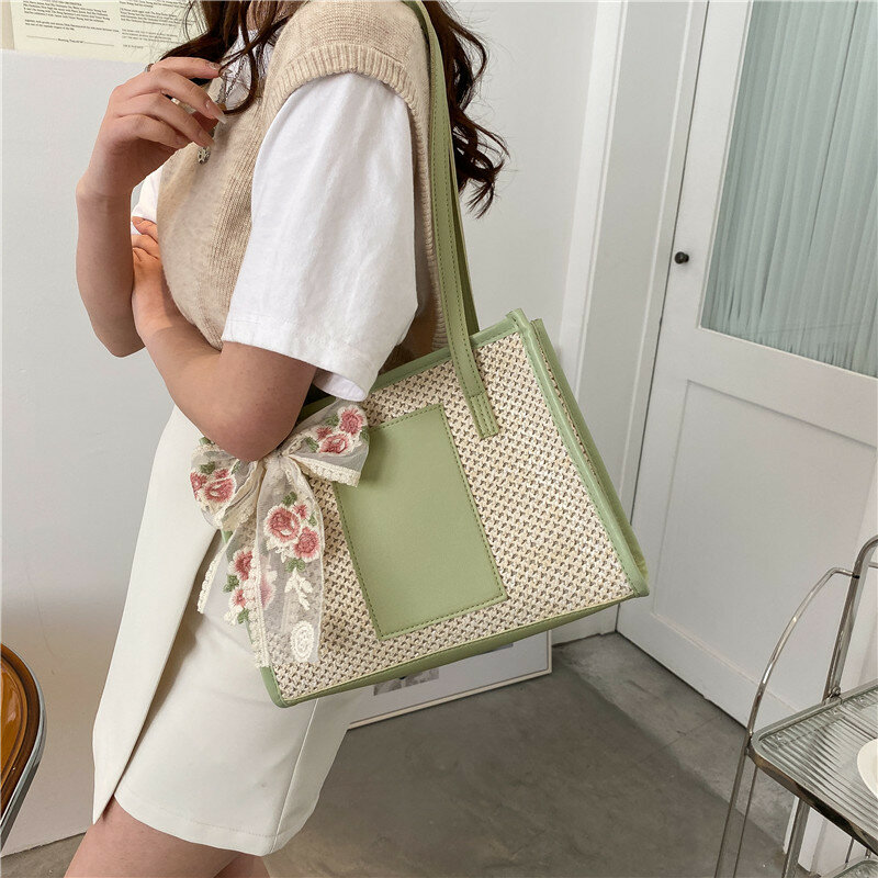 Bolsa de ombro de grande capacidade para mulheres, casual, grama contrastante, bolsa de mão, sacola, verão, elegante
