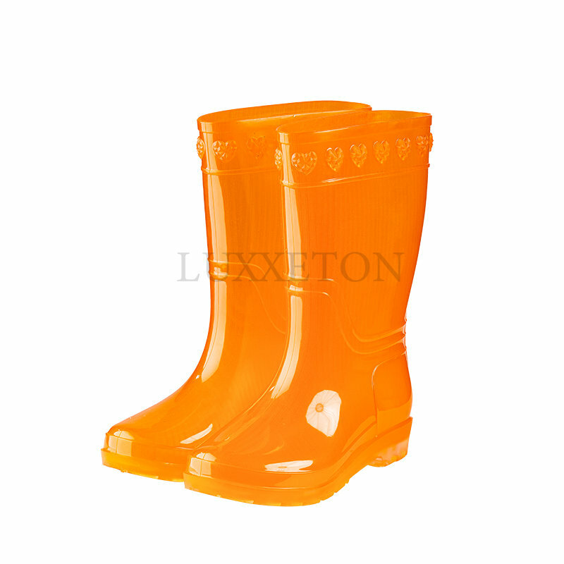 Sepatu bot hujan tabung tinggi wanita PVC sepatu air kerja tahan air untuk anak perempuan warna permen mode selip di lutut jeli tinggi