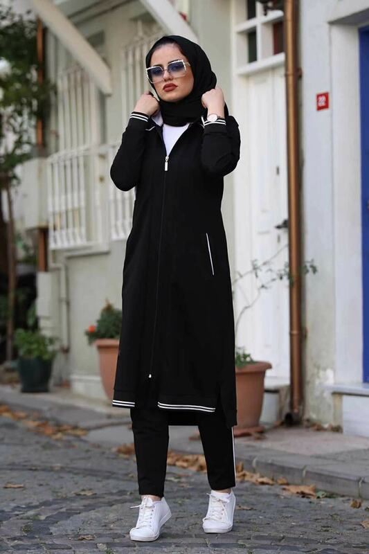 Muslim Sports Headscarved Conjunto treino para mulheres, Outwear Hijab preto, conjunto elegante, moda