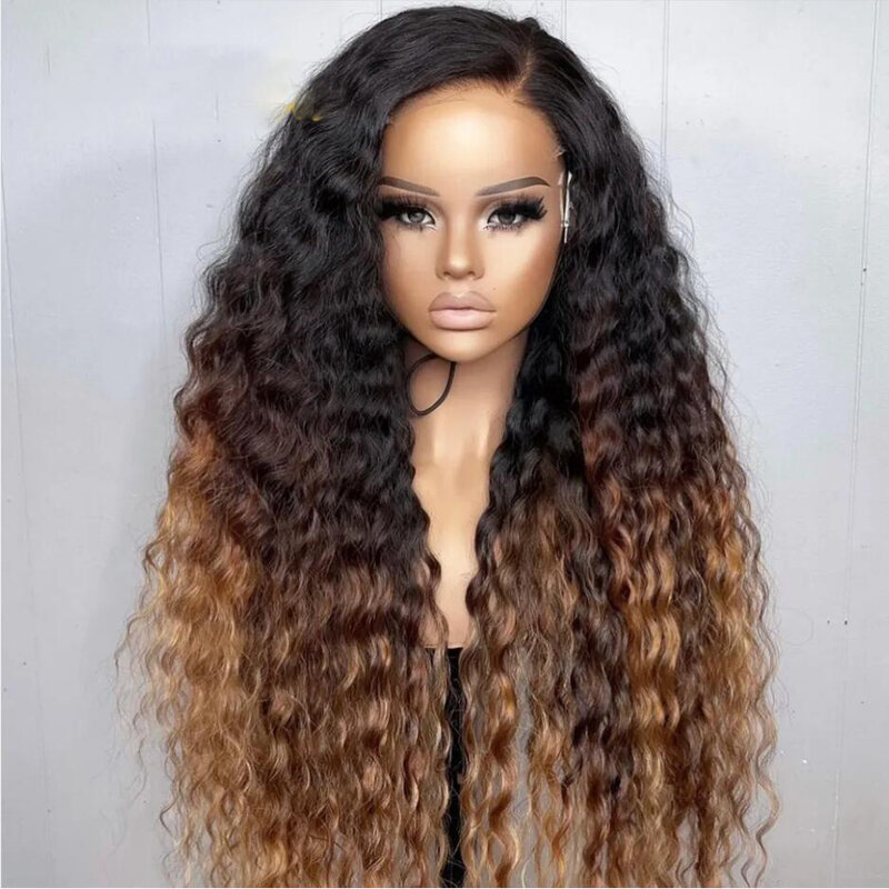 Soft 26Long Ombre Blonde Brown Kinky Curly 180Density Lace Front Wig For Black Women Babyhair Heat Resistant Preplucked Glueless