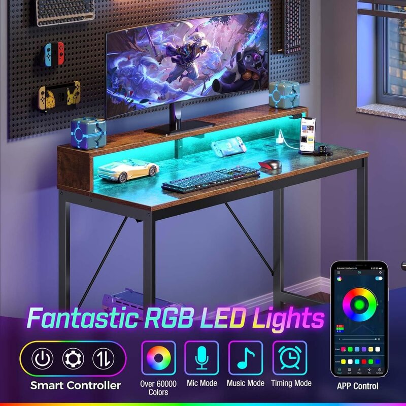 Biurko komputerowe Rolanstar 47 cali z oświetleniem LED i gniazdami zasilania, biurko do domowego biura z półką na monitor, biurko do gier