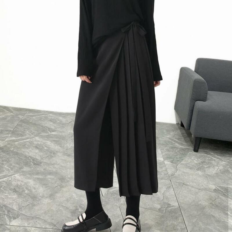 Calças plissadas pretas chiques de perna larga para mulheres, culottes irregulares, estilo High Street, soltas, calças únicas de meia panturrilha