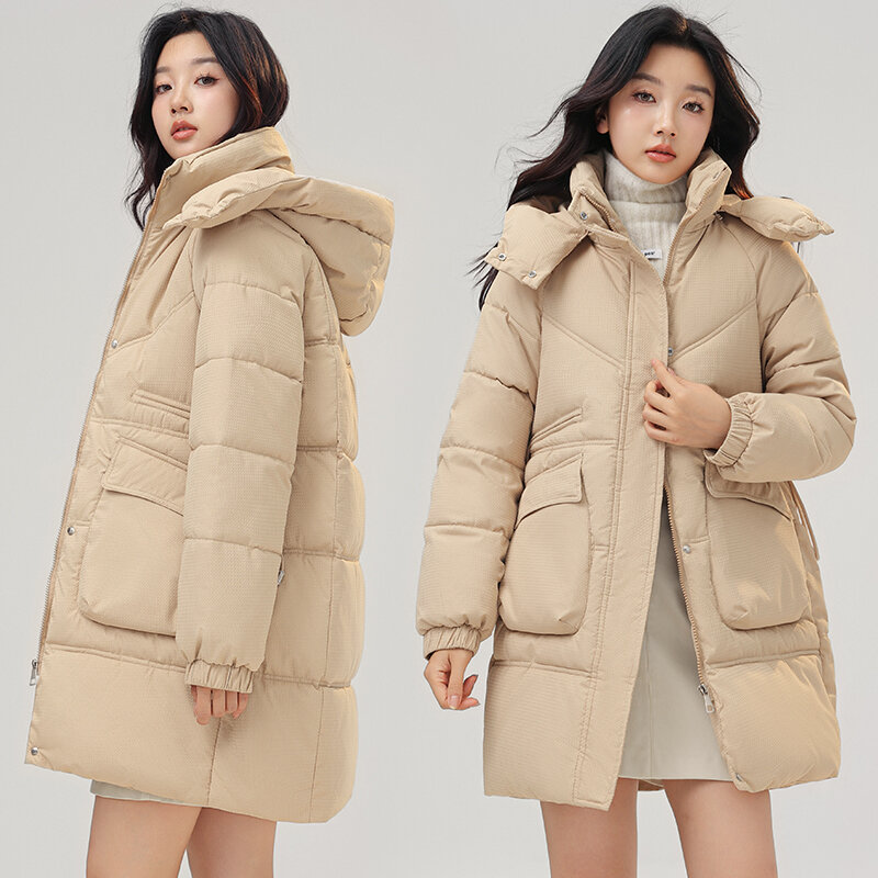Moda Retro, średniej długości, pikowana kurtka puchowa z kapturem, luźna, gruba ciepły, patchworkowy, bawełniana ocieplana bawełna jednolity kolor płaszcz z podszewką
