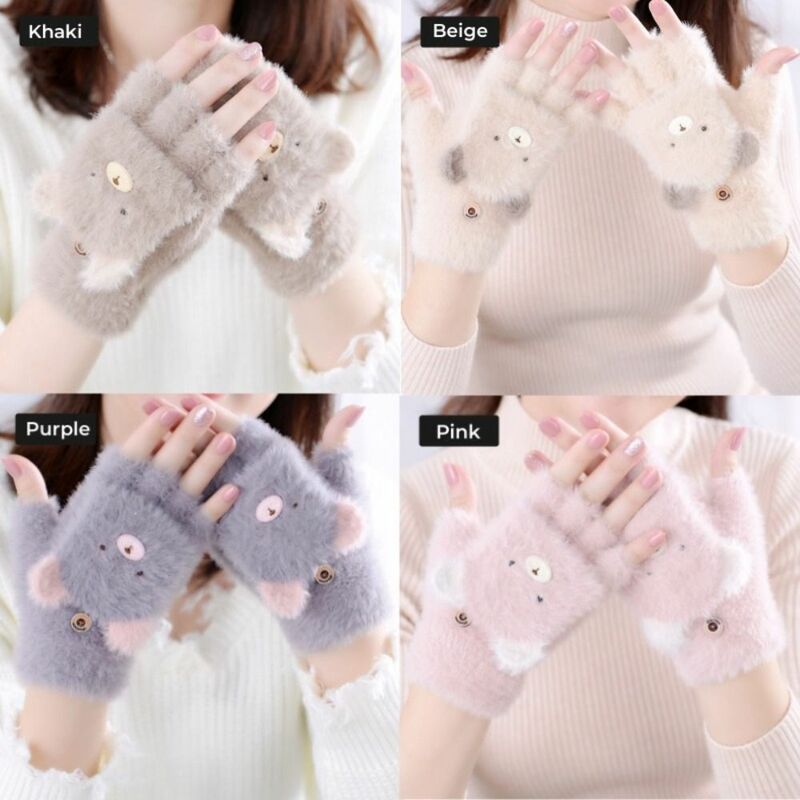 Sarung tangan tanpa jari beruang kartun, 1 pasang sarung tangan setengah jari 4 warna tahan dingin cantik hangat musim dingin