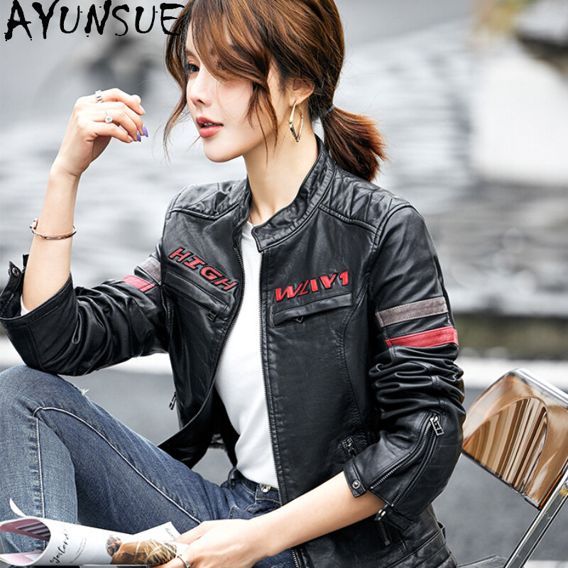 AYUNSUE 여성용 하이 스트리트 정품 가죽 재킷, 2023 가을 겨울 리얼 양가죽 코트, 사이클링 짧은 재킷, 트렌디 의류