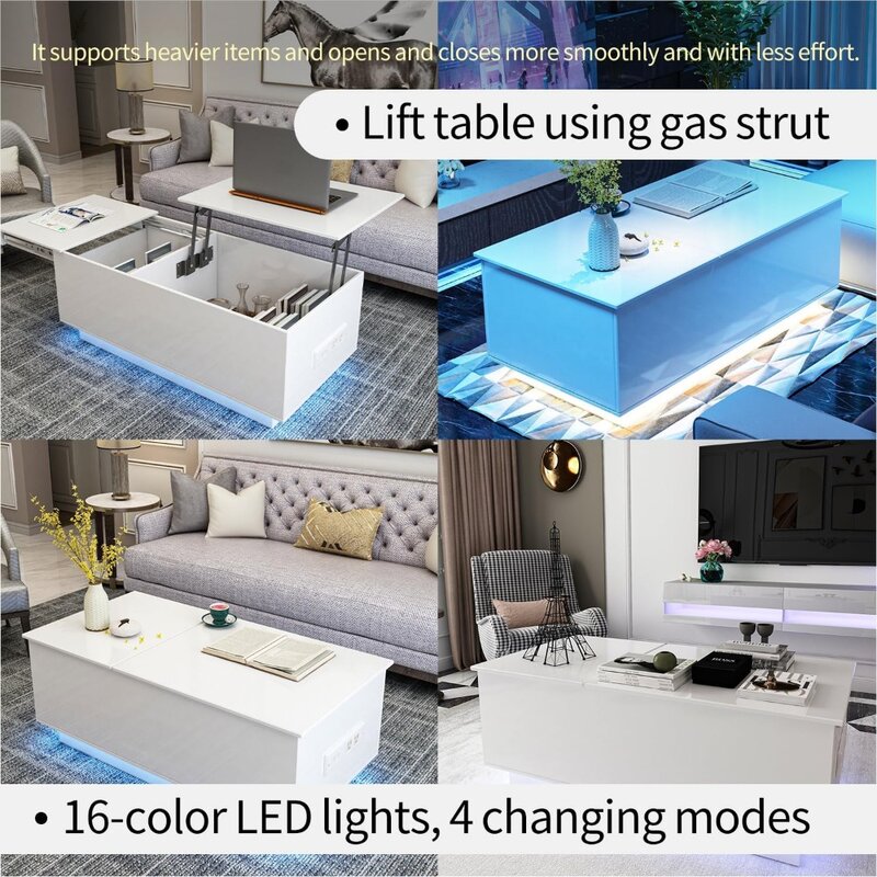 Lift Top Coffee Table With Hidden Storage Morden High Gloss Table With LED Lights and Socket for Living Room White Freight Free