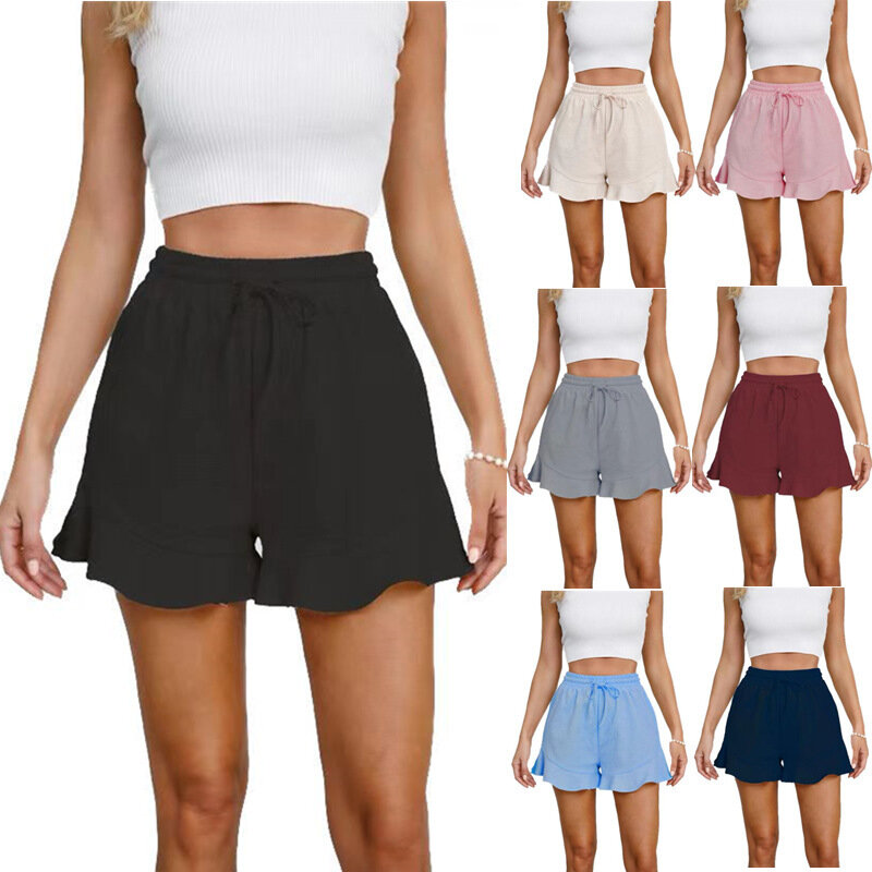 Pantalones cortos de lino y algodón para mujer, Shorts informales con volantes y cordón, Color sólido, a la moda, novedad de verano