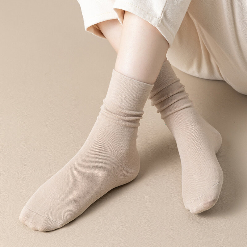 Conjunto de meias de algodão tricotado, tubo médio, longo, solto, macio, monocromático, casual, preto, branco, respirável, tripulação, primavera, outono, 5 pares