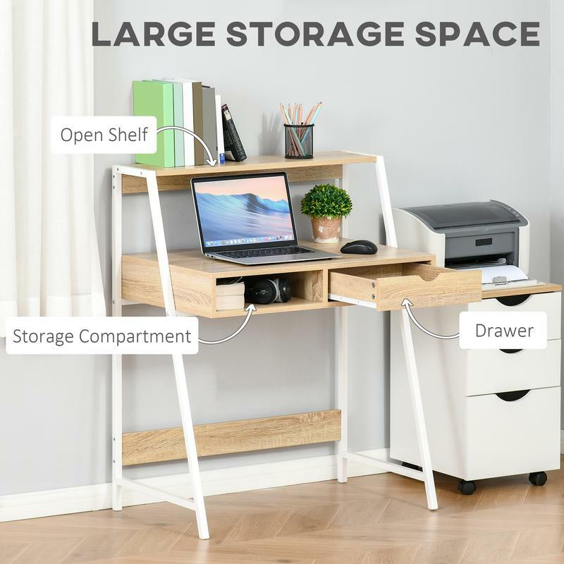 HOMCOM-escritorio de ordenador para espacios pequeños, mesa de escritura con cajón y estantes de almacenamiento, Natural, oficina en casa