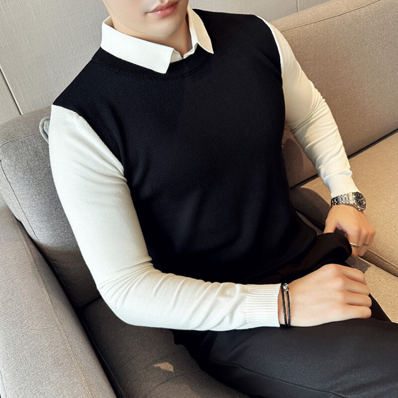 3XL-M autunno nuovi maglioni finti a due pezzi da uomo Pullover in edizione coreana da uomo personalizzato con colletto lavorato a maglia colorato