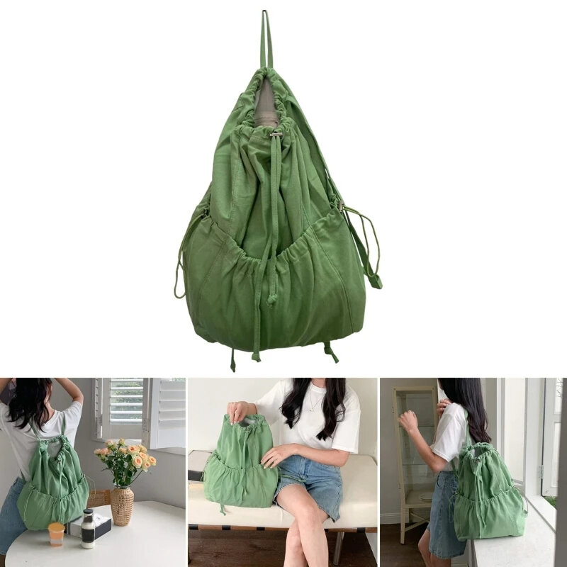 Solid Color Pleated Drawstring Large Capacity Casual Backpack Literature Canvas Fold Backpack Korean Shoulder Bag Handbag