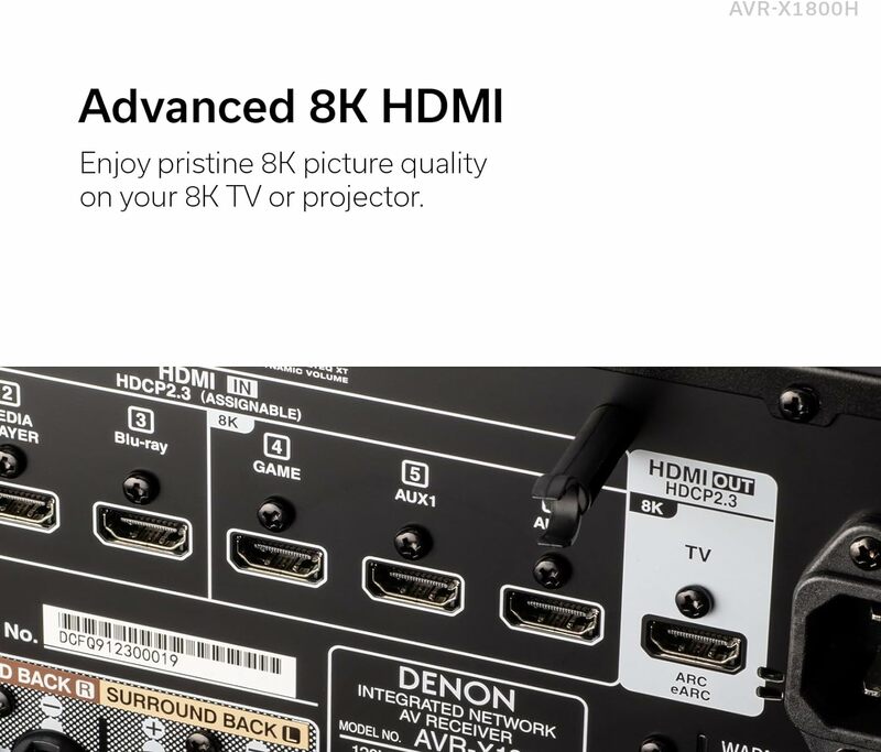 Récepteur AV 7.2 canaux AVR-X1800H Denon (modèle 2023)-80W/canal, streaming sans fil via HEOS intégré, WiFi et Bluetooth