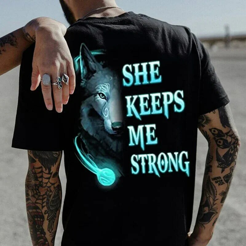 女性のためのカップルのための強いTシャツ,オオカミのパターン,カジュアル,黒
