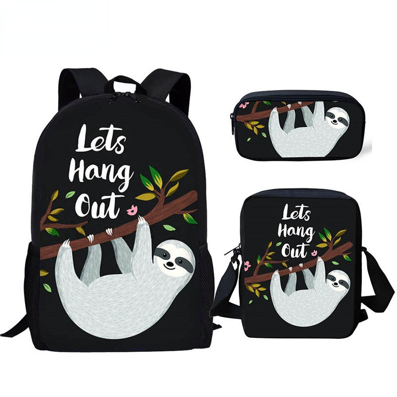Cute Cartoon Sloth Backpack para crianças, meninos e meninas Casual School Bag, Lunch Bag, Pencil Bag, Teenager Travel Backpack, 3pcs por conjunto