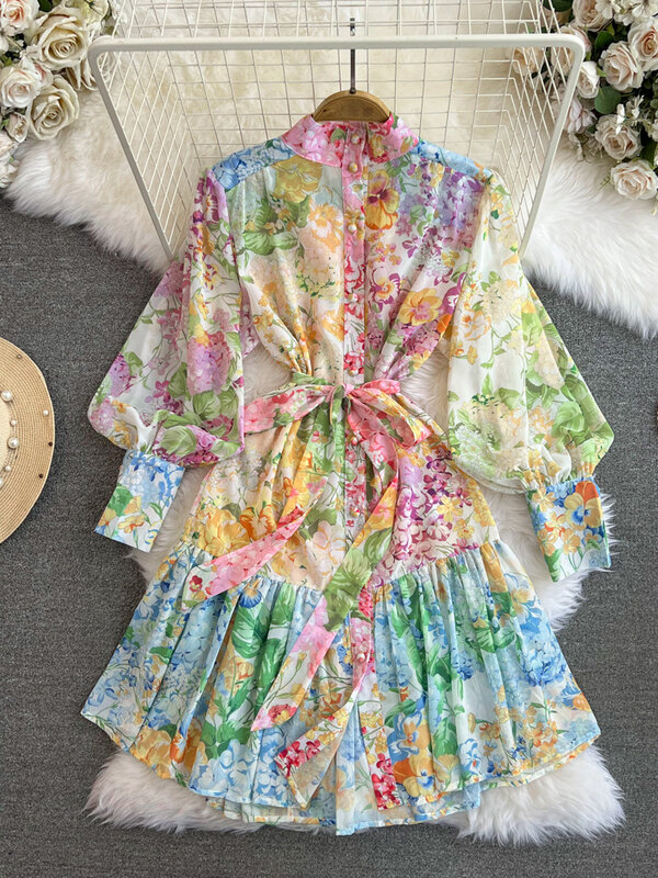 Vestido largo bohemio con estampado Floral para mujer, traje holgado de manga larga acampanada, con cordones, a la moda, 2024