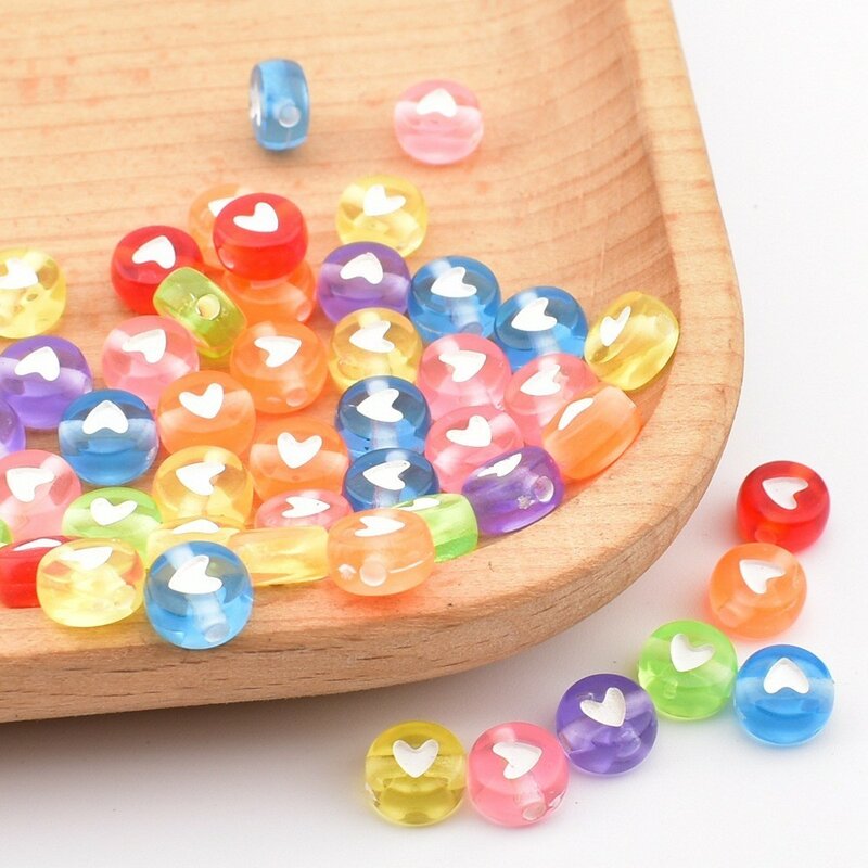 Perles rondes transparentes en acrylique pour la fabrication de bijoux, fond coloré, perles d'amour blanches, bricolage, 7x4x1mm, 50 pièces par lot