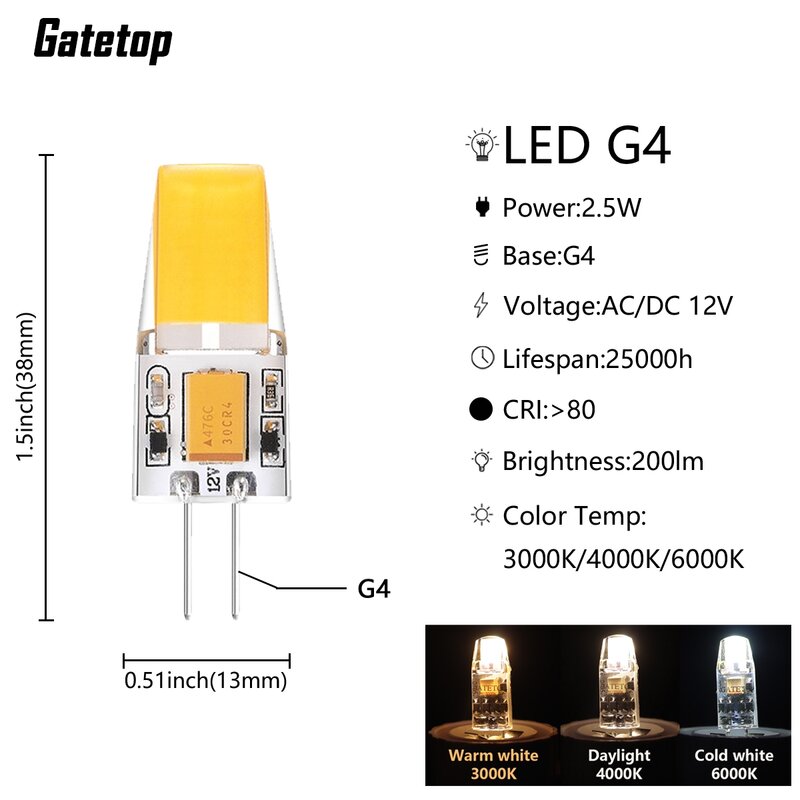 LED 실리카 겔 미니 G4 전구, 따뜻한 백색 조명, 20W 할로겐 램프, 스트로보스코픽 교체 불필요, AC DC12V COB, 신제품