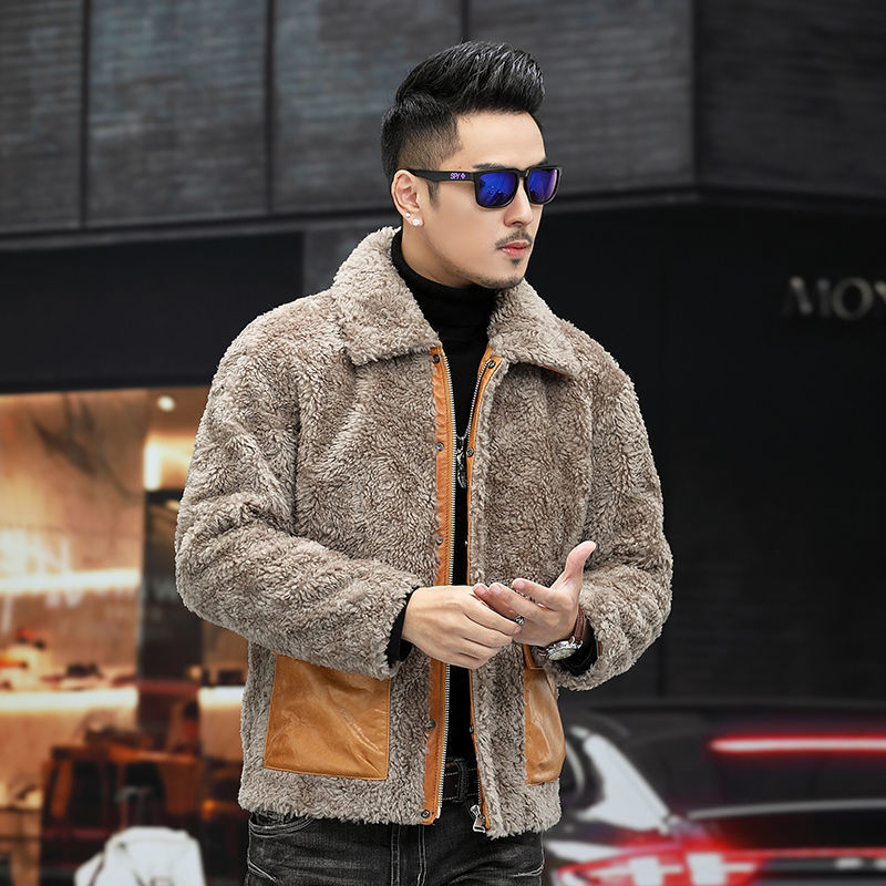2023 New Men Winter Genuine Wool Fur Jackets Male Lapel Sheep Shearing Coats Men Short Motorcycle Real Fur Outerwear I506