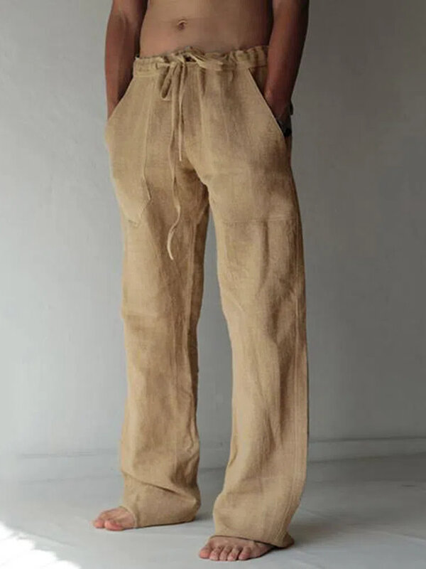 Spodnie męskie lniane spodnie jednolity kolor casualowe modne spodnie z prostymi nogawkami workowate spodnie