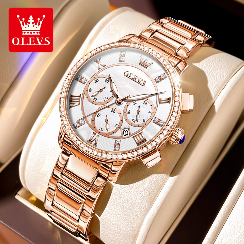 OLEVS luksusowa bransoletka z różowego złota zegarek kwarcowy dla kobiet moda wodoodporne chronografy ze stali nierdzewnej Relogio Feminino