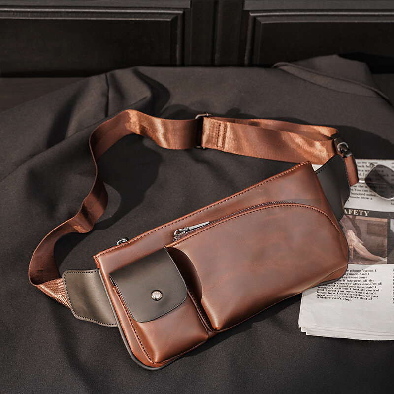 Retro Fanny Men's Chest Belt Bag Multiple-Pockets Waist Pack PU Leather Small Crossbody Bag Male Casual Shoulder Bag