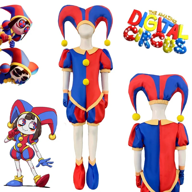 The Amazing kostum Cosplay Pomni Digital sirkus topi Jumpsuit Bodysuit manusia untuk anak-anak dewasa kostum kartun Cos