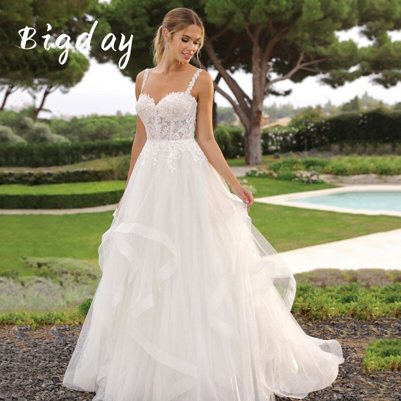 Elegant A-Line  Wedding Dress Open Back Lace White Sweetheart Tiered Spaghetti Straps Bridal Gown Sweep Train Vestidos De Novia