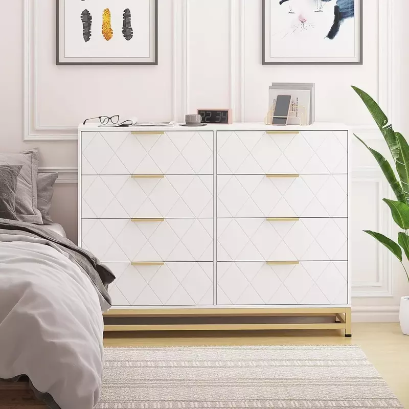 Dresser for Bedroom With 8 Drawer Dressing Table TV Stand Dressers Chest of Drawers for Living Room Hallway Entryway White the