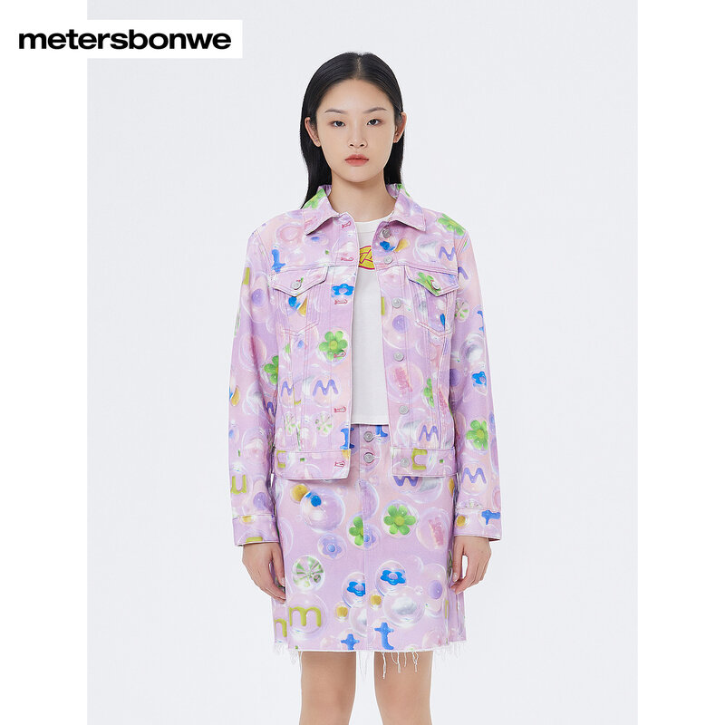 Jaket Denim wanita Metersbonwe, jaket Denim wanita musim panas baru modis, jaket motif penuh, atasan merek modis