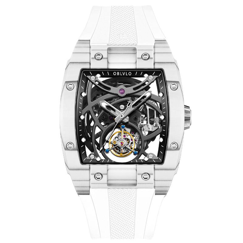 OBLVLO jam tangan otomatis Tourbillon, jam tangan otomatis olahraga Skeleton bercahaya, kotak serat karbon, EM-RT tali karet