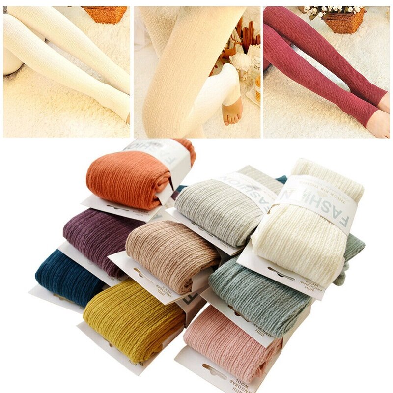 Women Warm Woolen Yarn Knitted Footed Tights Pantyhose Winter Stretch Stockings