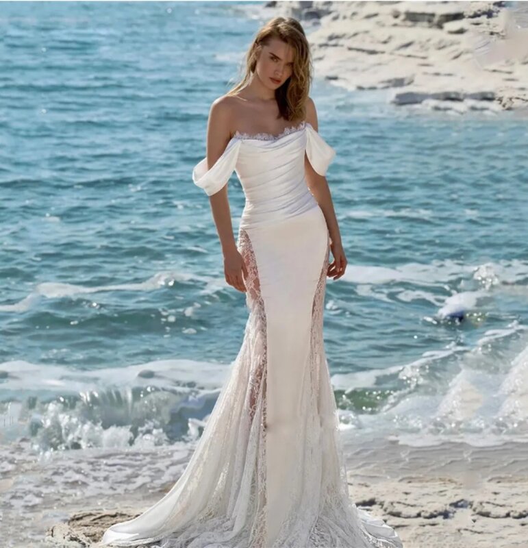 Bellissimo vestito affascinante abito da sposa con spalle scoperte pizzo raso sirena lunghezza del pavimento Sweep Train 2024 nuovo abito da festa di nozze