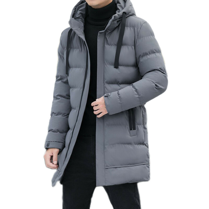 Jaket parka bertudung pria, pakaian luar panjang tebal kasual modis musim dingin