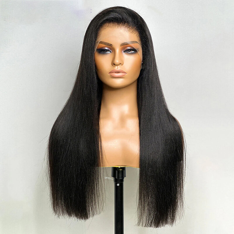 Middle Part 180Density Preplucked Glueless Short Bob Yaki Kinky Straight Natural Black Lace Front Wig For Women BabyHair Daily