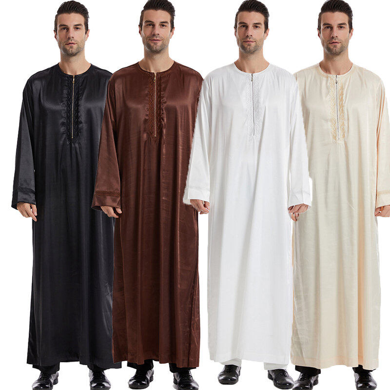 Vestido maxi frontal masculino com zíper, veste árabe saudita, Ramadã, Eid, Vestuário islâmico, Abayas muçulmanas, Kaftan, Dubai, Jubba Thobe