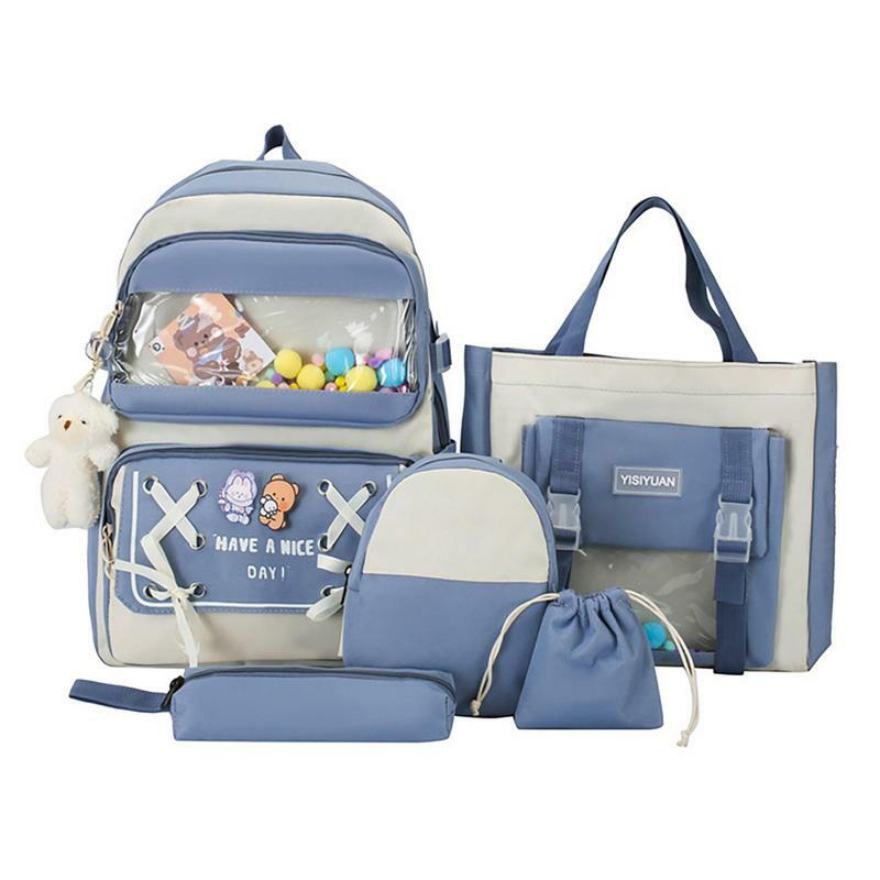 Эстетический рюкзак в комплекте с булавками и плюшевыми подвесками Эстетическая Водонепроницаемая школьная сумка в комплекте 5 шт. рюкзак для школы