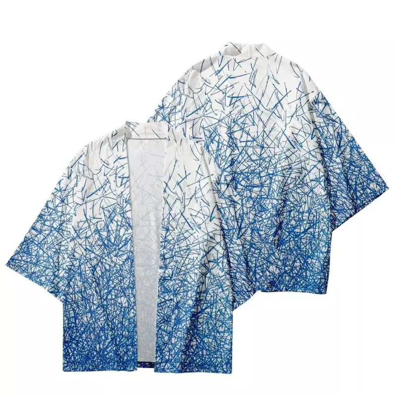 Japonês Yukata Cosplay Cardigan Camisas, Geometry Print, Haori tradicional, quimono branco, moda casual, quimono para homens e mulheres