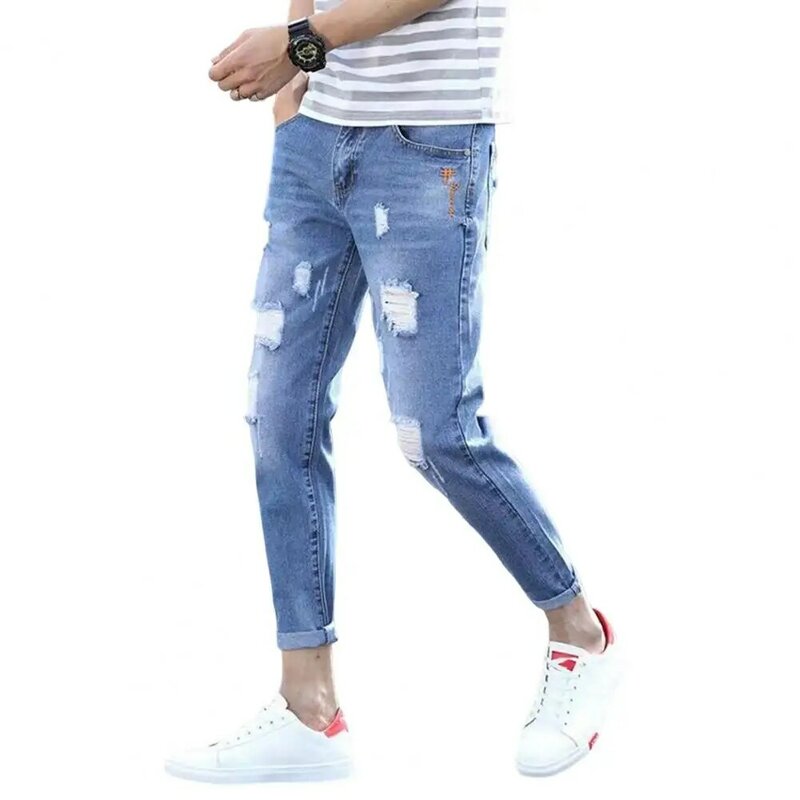 Denim Trousers Korean Style Mid-rise Button Zipper Fly Pockets Men Jeans Ripped Holes Slim Fit Denim Pants Streetwear