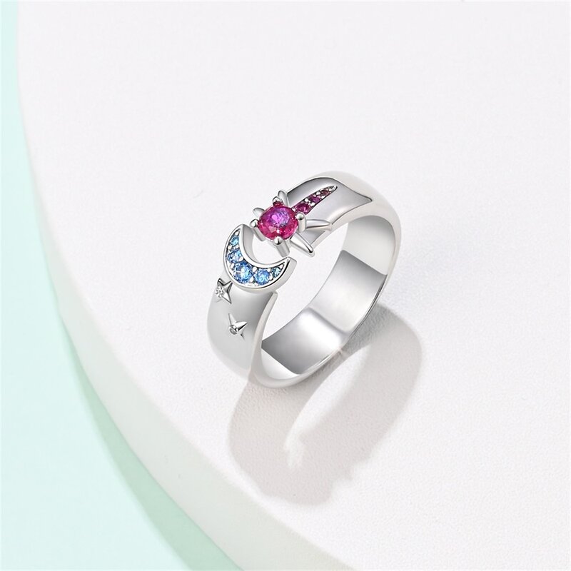 Hermoso anillo de plata de ley 925 para mujer, accesorio de joyería de moda, rojo, sol, azul, luna, estrella, banquete de boda