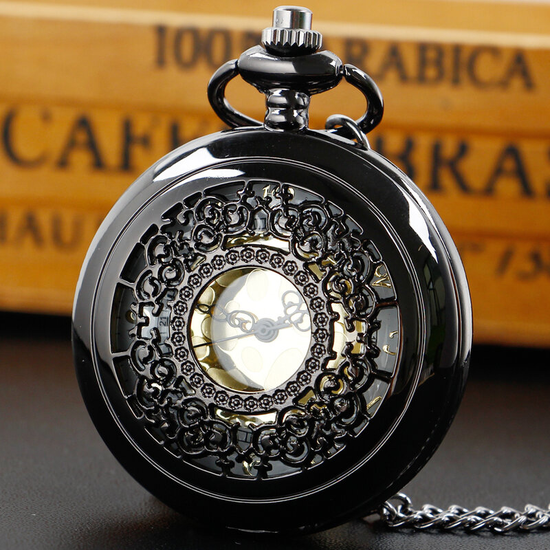 Pocket Watch Hollow out Black Fashion Quartz Woman and Girl Gift Jewelry Collocation Chain