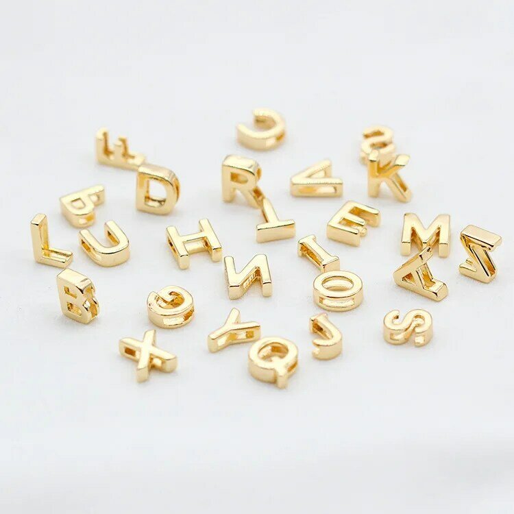 Holes 1.4MM 14K Gold Color Plated Brass A To Z Alphabet 26 Letters Charms Pendants  For DIY Jewelry Making