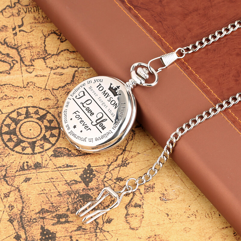 Elegant Silver To My Son Quartz Pocket Watch Pocket Chain Pendant Clock Roman Numerals Display Dial Vintage Gift Timepiece