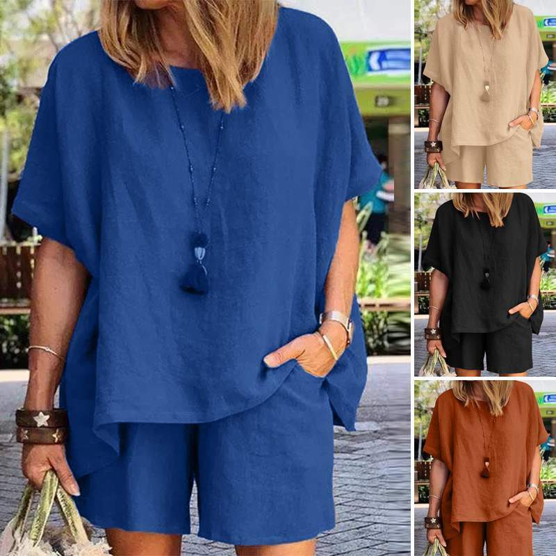 Linen Cotton Oversized Suit, Casual Sportswear, Loose Short Sleeved Top, Shorts, Two-piece Set, Summer Novelty