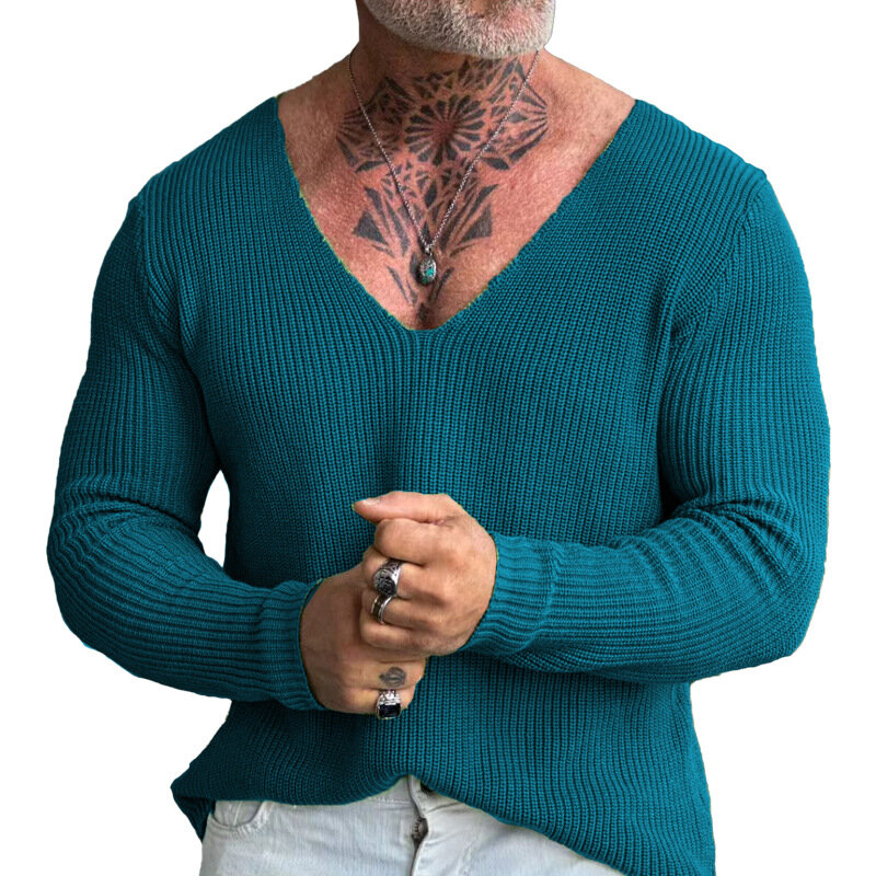 Sweater atasan rajut longgar leher V, atasan Sweater Pullover rajut warna polos musim gugur dan dingin untuk lelaki