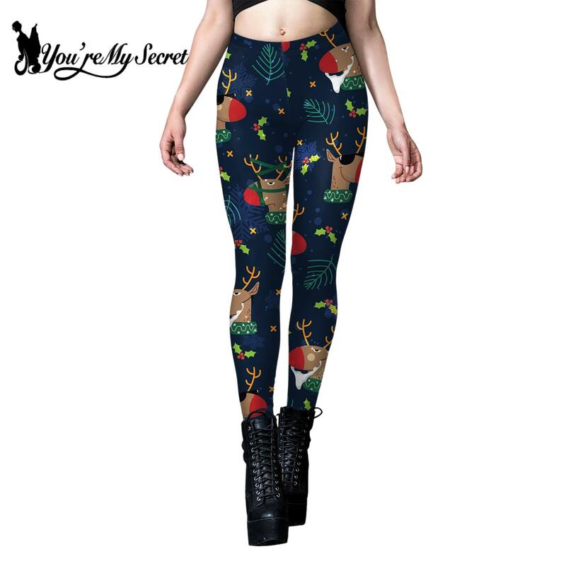 [You're My Secret] New Xmas Leggings for Women Neon Elk Print Pants Christmas Trousers Gifts Holiday Sexy Tights Fitness Workout